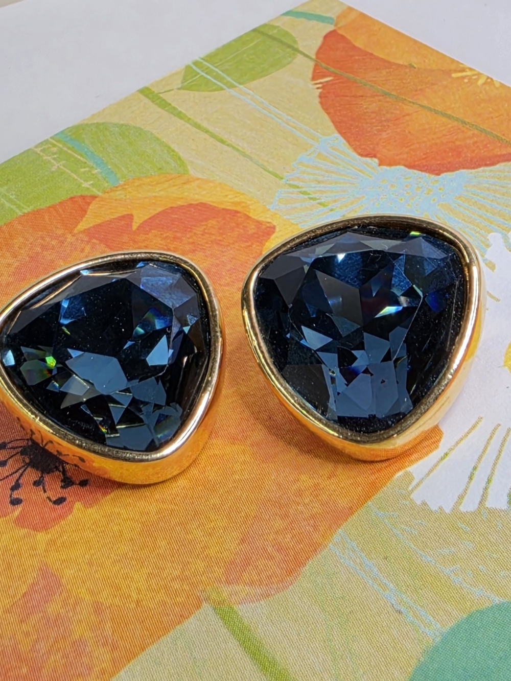 Swarovski Vintage Gold-Trim Dark Blue Triangle Faceted Crystal Clip-on Earrings